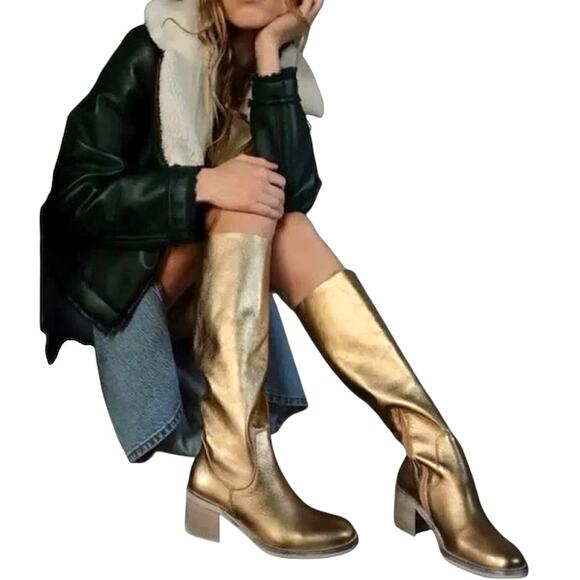 Free People Metallic Gold Essential Tall Slouch Leather Boot Spain Women 9 - Picture 14 of 14